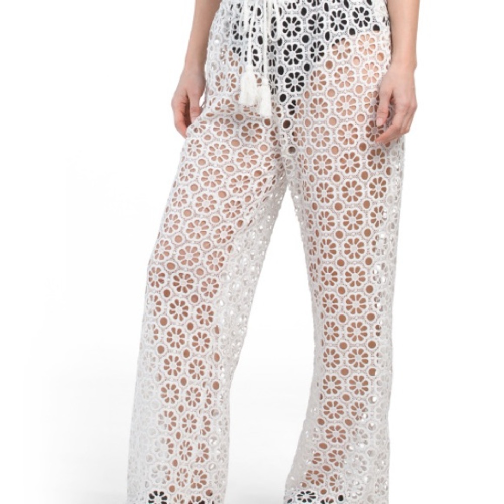 Adiva white wide leg crochet style cover up pants. NWT